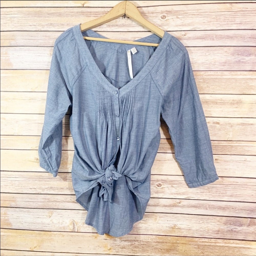 LC Lauren Conrad 3/4 Sleeve Loose Chambray Blue Peasant Top - Picture 6 of 8